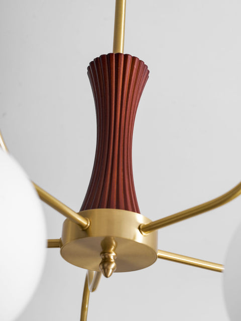 Persimmon Glass Chandelier with Brass and Natural Wood Frame