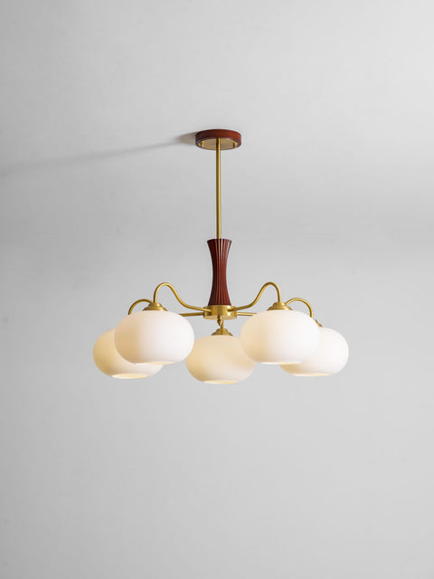 Persimmon Glass Chandelier with Brass and Natural Wood Frame