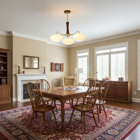 Persimmon Glass Chandelier with Brass and Natural Wood Frame