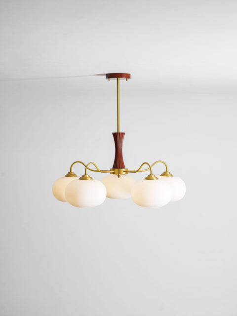 Persimmon Glass Chandelier with Brass and Natural Wood Frame