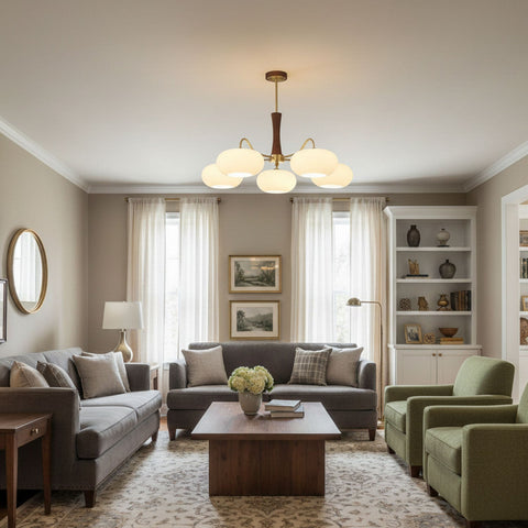 Persimmon Glass Chandelier with Brass and Natural Wood Frame