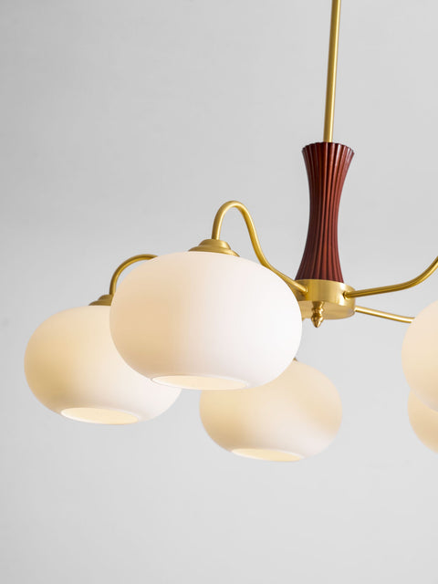 Persimmon Glass Chandelier with Brass and Natural Wood Frame