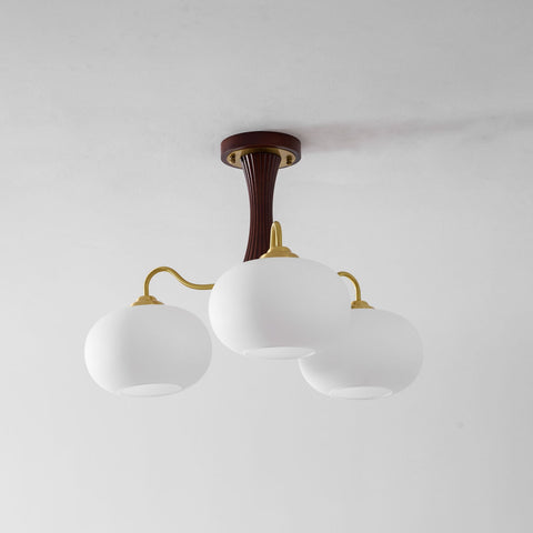 Persimmon Glass Chandelier with Brass and Natural Wood Frame