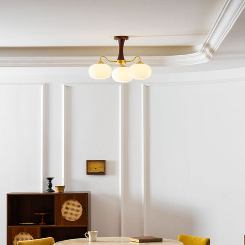 Persimmon Glass Chandelier with Brass and Natural Wood Frame