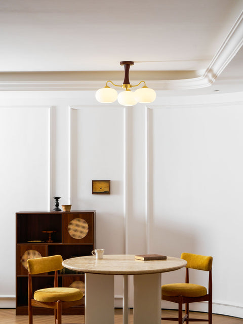 Persimmon Glass Chandelier with Brass and Natural Wood Frame