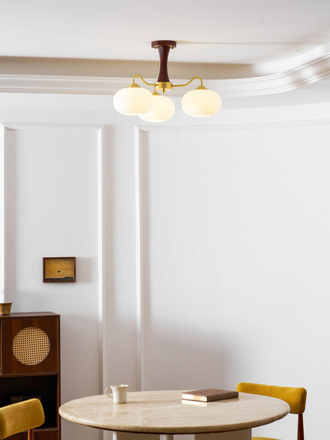 Persimmon Glass Chandelier with Brass and Natural Wood Frame