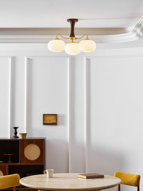Persimmon Glass Chandelier with Brass and Natural Wood Frame