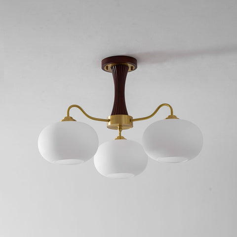 Persimmon Glass Chandelier with Brass and Natural Wood Frame