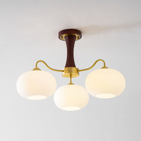 Persimmon Glass Chandelier with Brass and Natural Wood Frame
