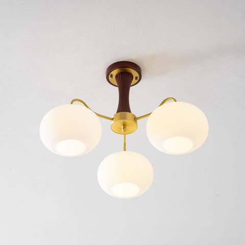 Persimmon Glass Chandelier with Brass and Natural Wood Frame