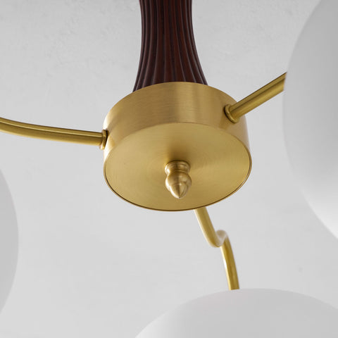 Persimmon Glass Chandelier with Brass and Natural Wood Frame