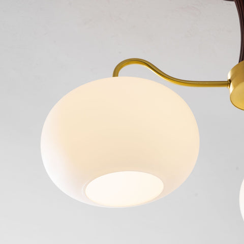 Persimmon Glass Chandelier with Brass and Natural Wood Frame