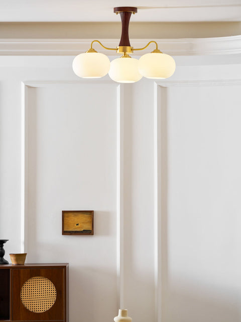Persimmon Glass Chandelier with Brass and Natural Wood Frame