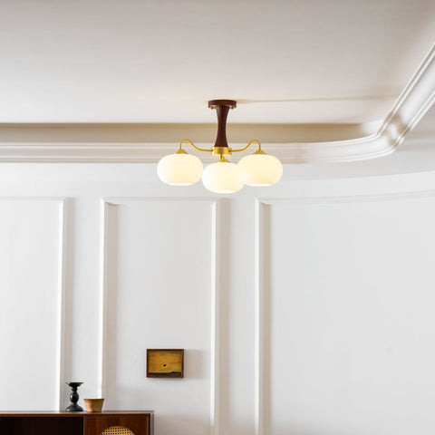 Persimmon Glass Chandelier with Brass and Natural Wood Frame