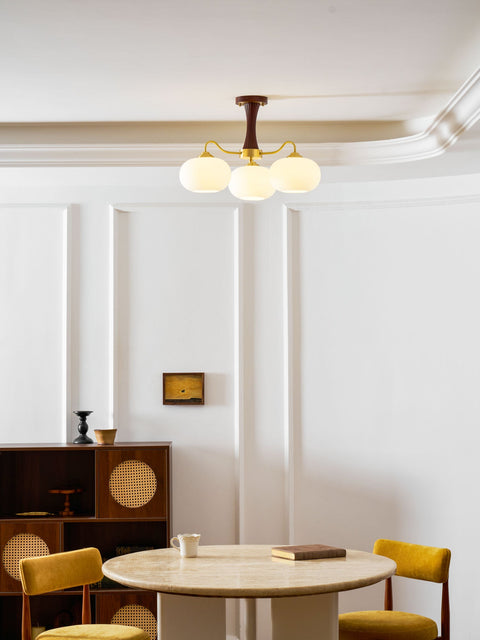 Persimmon Glass Chandelier with Brass and Natural Wood Frame