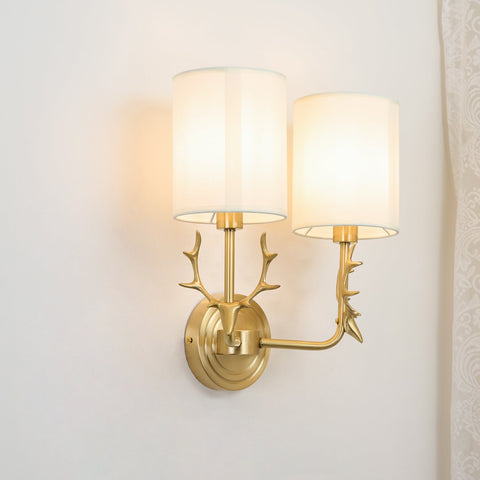 Wall Sconce with Deer Head Detail and Fabric Drum Shades