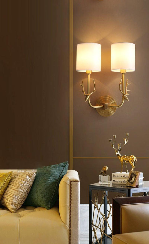 Wall Sconce with Deer Head Detail and Fabric Drum Shades
