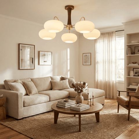 Persimmon Glass Chandelier with Brass and Natural Wood Frame
