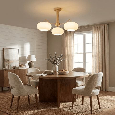 Persimmon Glass Chandelier with Brass and Natural Wood Frame