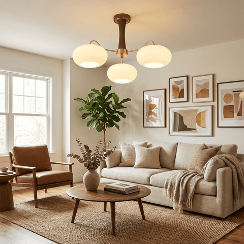 Persimmon Glass Chandelier with Brass and Natural Wood Frame