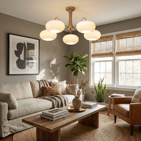Persimmon Glass Chandelier with Brass and Natural Wood Frame
