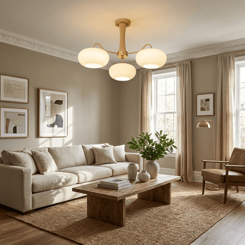 Persimmon Glass Chandelier with Brass and Natural Wood Frame