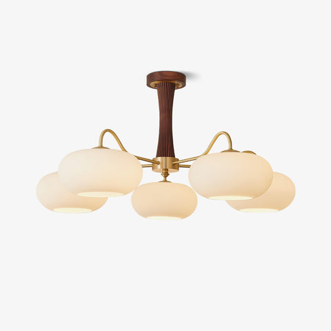 Persimmon Glass Chandelier with Brass and Natural Wood Frame