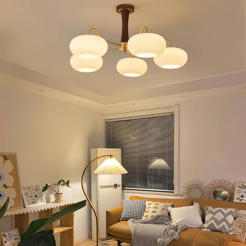 Persimmon Glass Chandelier with Brass and Natural Wood Frame