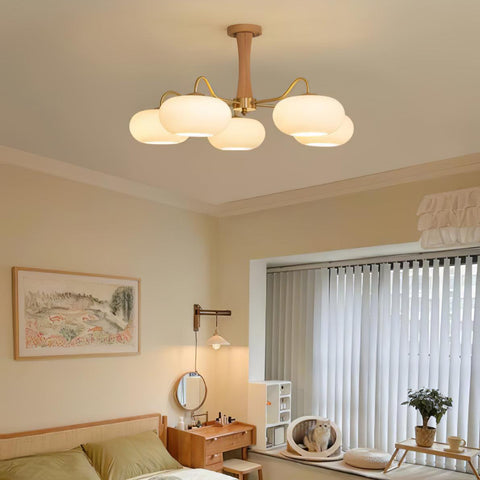 Persimmon Glass Chandelier with Brass and Natural Wood Frame
