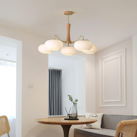 Persimmon Glass Chandelier with Brass and Natural Wood Frame
