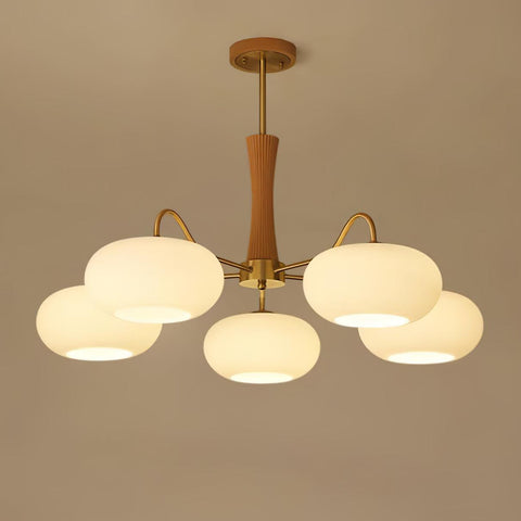 Persimmon Glass Chandelier with Brass and Natural Wood Frame