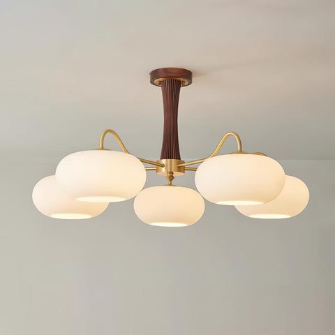 Persimmon Glass Chandelier with Brass and Natural Wood Frame