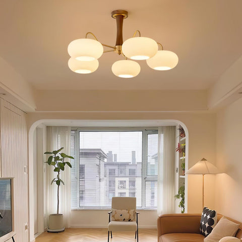 Persimmon Glass Chandelier with Brass and Natural Wood Frame