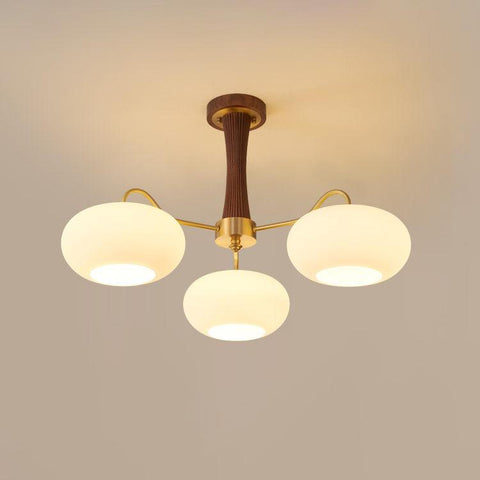 Persimmon Glass Chandelier with Brass and Natural Wood Frame