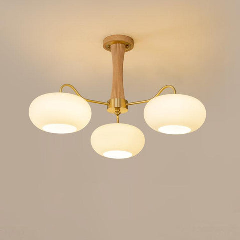 Persimmon Glass Chandelier with Brass and Natural Wood Frame