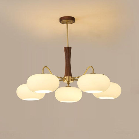 Persimmon Glass Chandelier with Brass and Natural Wood Frame