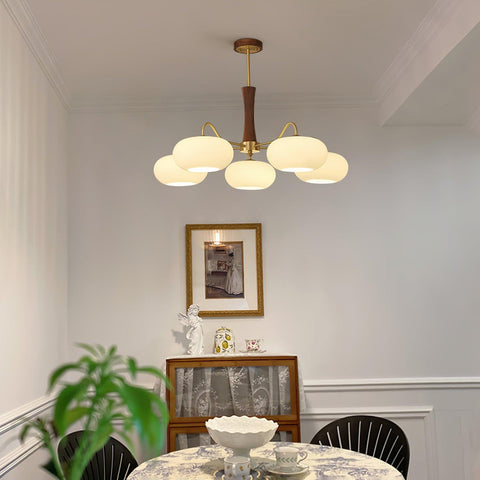 Persimmon Glass Chandelier with Brass and Natural Wood Frame