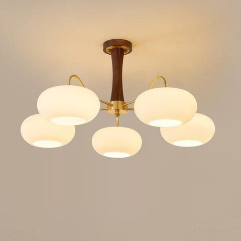 Persimmon Glass Chandelier with Brass and Natural Wood Frame