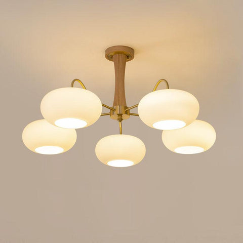 Persimmon Glass Chandelier with Brass and Natural Wood Frame