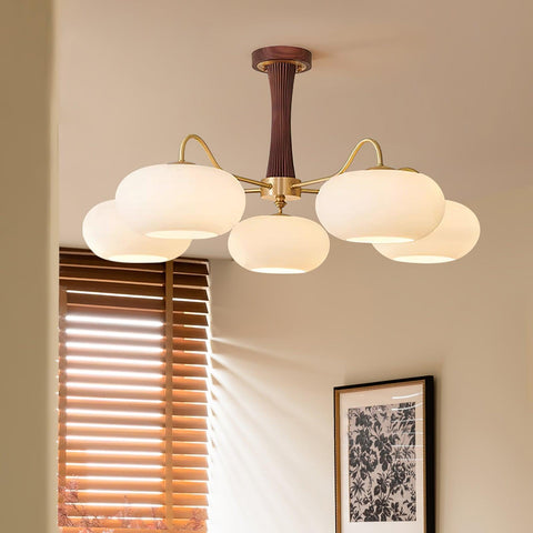 Persimmon Glass Chandelier with Brass and Natural Wood Frame