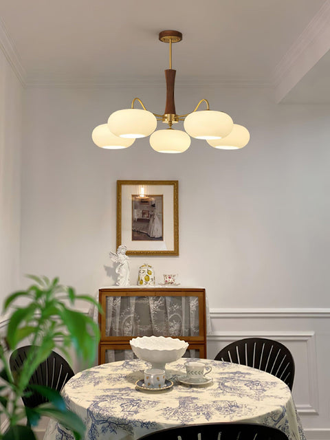 Persimmon Glass Chandelier with Brass and Natural Wood Frame