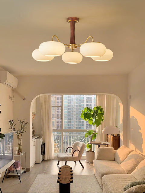 Persimmon Glass Chandelier with Brass and Natural Wood Frame