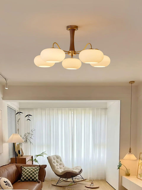 Persimmon Glass Chandelier with Brass and Natural Wood Frame