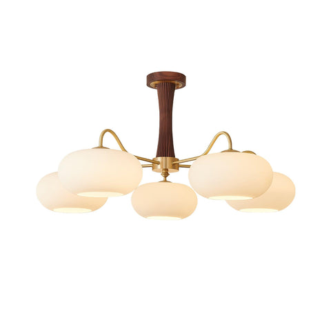 Persimmon Glass Chandelier with Brass and Natural Wood Frame