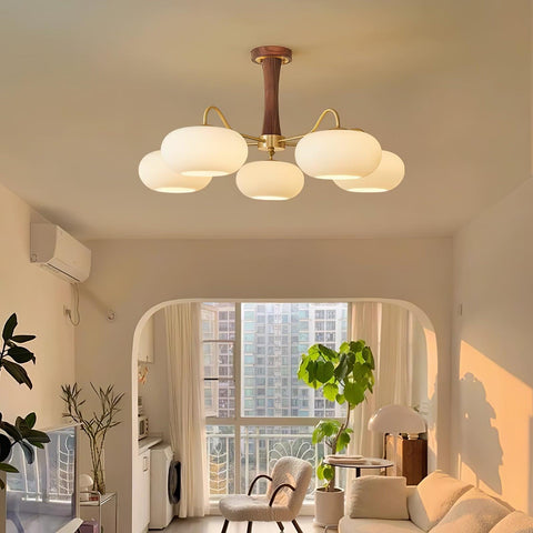 Persimmon Glass Chandelier with Brass and Natural Wood Frame