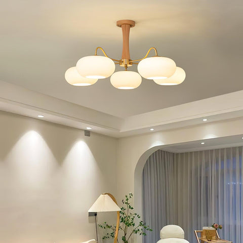 Persimmon Glass Chandelier with Brass and Natural Wood Frame