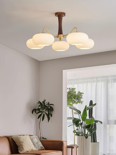 Persimmon Glass Chandelier with Brass and Natural Wood Frame