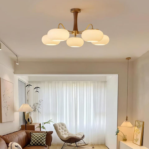 Persimmon Glass Chandelier with Brass and Natural Wood Frame