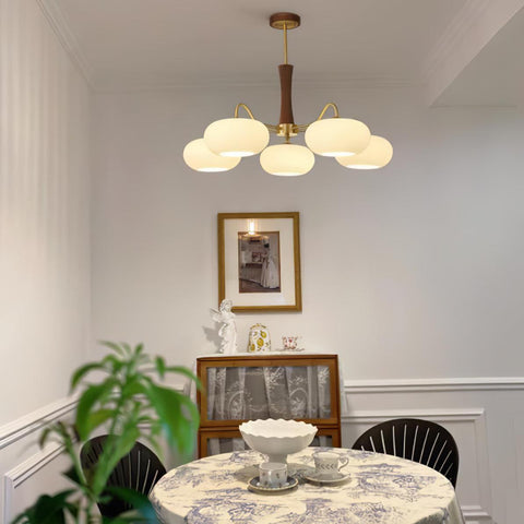 Persimmon Glass Chandelier with Brass and Natural Wood Frame