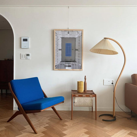 Caprani Arc Floor Lamp with Beech Wood Frame and Linen Shade